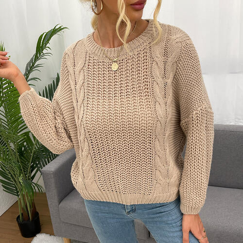 Openwork Round Neck Dropped Shoulder Sweater