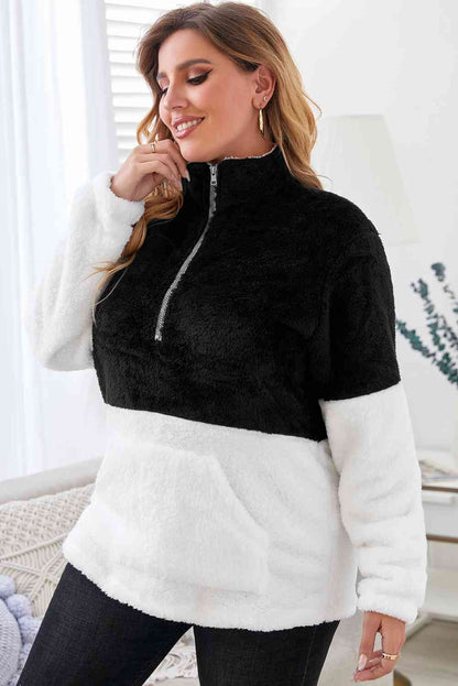 Plus Size Half Zipper Fleece Sweatshirt with Pocket