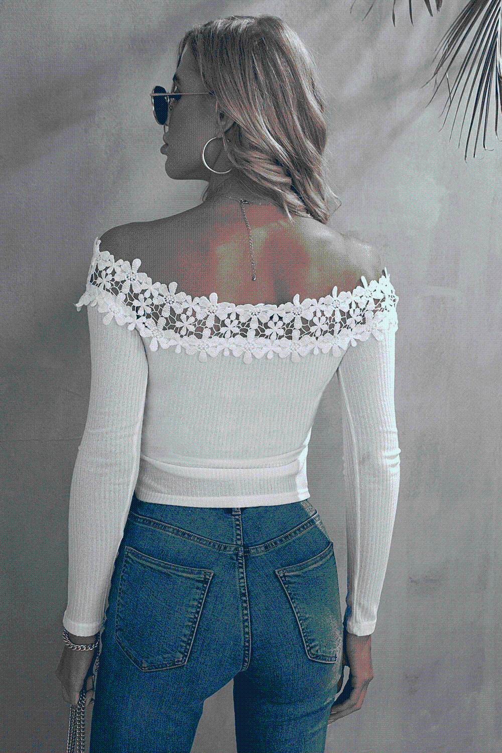 Off-Shoulder Lace Trim Ribbed Tee