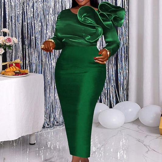 Women‘s Plus Size Curve Party Dress Solid Color Crew Neck Long Sleeve Winter Fall Elegant Formal Maxi long Dress Party Evening Party Dress