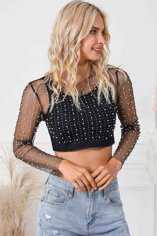 Pearl Long Sleeve Mesh Cropped Top