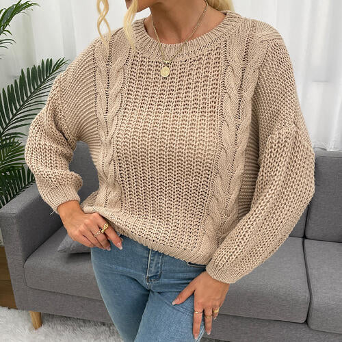 Openwork Round Neck Dropped Shoulder Sweater