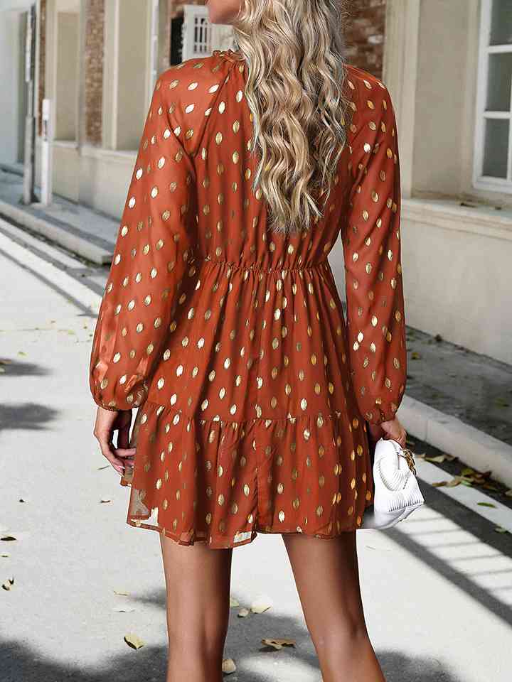 Tie Neck Long Sleeve Polka Dot Dress