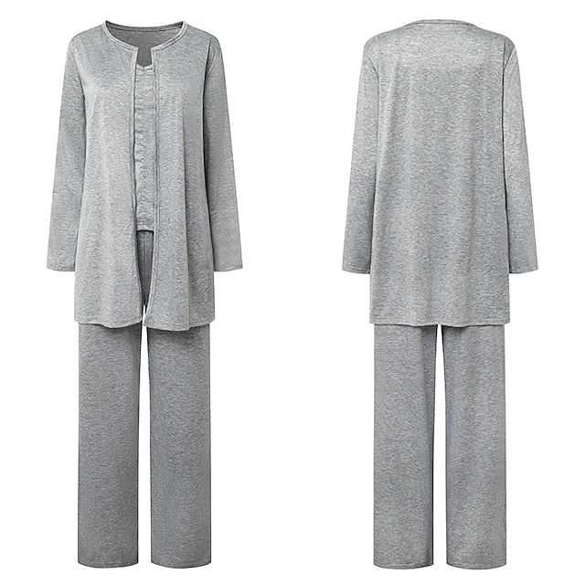 Women's Plus Size Loungewear Sets Nighty 3 Pieces Pure Color Comfort Sweet Home Daily Polyester V Wire Long Sleeve Strap Top Pant Winter Fall Gray