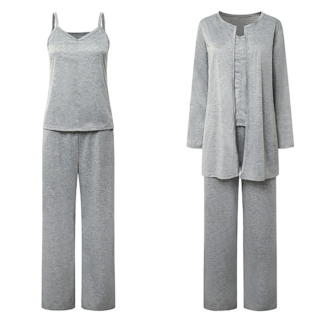 Women's Plus Size Loungewear Sets Nighty 3 Pieces Pure Color Comfort Sweet Home Daily Polyester V Wire Long Sleeve Strap Top Pant Winter Fall Gray