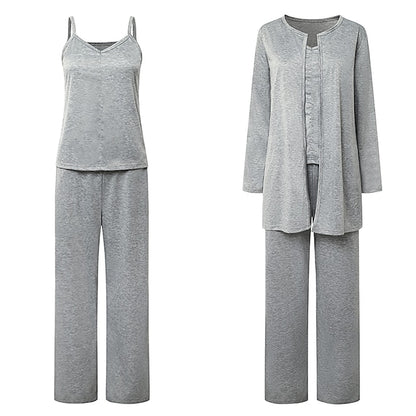 Women's Plus Size Loungewear Sets Nighty 3 Pieces Pure Color Comfort Sweet Home Daily Polyester V Wire Long Sleeve Strap Top Pant Winter Fall Gray